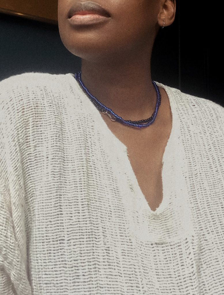 Oui Cherie Oui Deep Blue Seed Bead Necklace with stainless steel short length